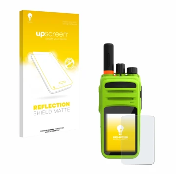 Parte frontal de un envase de producto con el logotipo de la marca upscreen. Al lado se muestra el dispositivo Talkpod N58 Plu