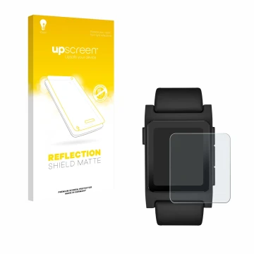 Parte frontal de un envase de producto con el logotipo de la marca upscreen. Al lado se muestra el dispositivo Pebble 2 Duo 20