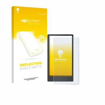 Parte frontal de un envase de producto con el logotipo de la marca upscreen. Al lado se muestra el dispositivo reMarkable Pape