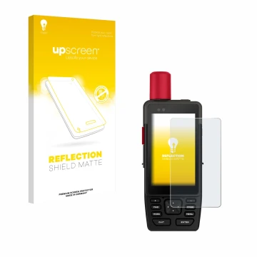 Parte frontal de un envase de producto con el logotipo de la marca upscreen. Al lado se muestra el dispositivo Garmin GPSMAP H