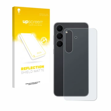Parte frontal de un envase de producto con el logotipo de la marca upscreen. Al lado se muestra el dispositivo Samsung Galaxy 