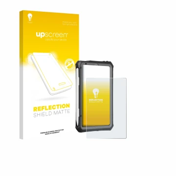 Parte frontal de un envase de producto con el logotipo de la marca upscreen. Al lado se muestra el dispositivo Apple iPad Mini