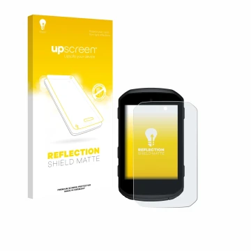 Parte frontal de un envase de producto con el logotipo de la marca upscreen. Al lado se muestra el dispositivo Garmin Edge 550