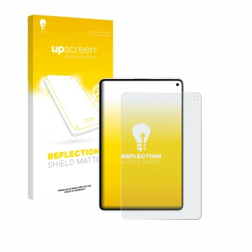 Parte frontal de un envase de producto con el logotipo de la marca upscreen. Al lado se muestra el dispositivo Huawei MatePad 
