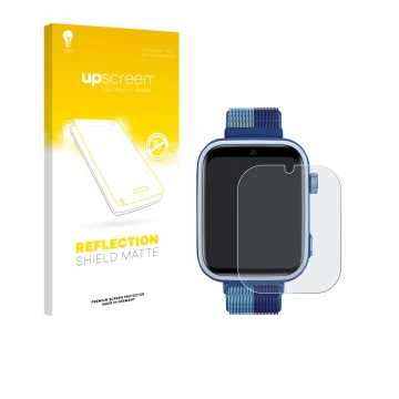 Parte frontal de un envase de producto con el logotipo de la marca upscreen. Al lado se muestra el dispositivo JoJoego 4G Smar
