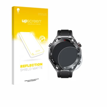 Parte frontal de un envase de producto con el logotipo de la marca upscreen. Al lado se muestra el dispositivo Huawei Watch Ul