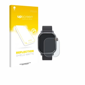 Parte frontal de un envase de producto con el logotipo de la marca upscreen. Al lado se muestra el dispositivo Kospet Pulse co