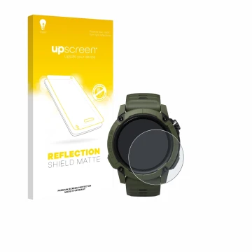 Parte frontal de un envase de producto con el logotipo de la marca upscreen. Al lado se muestra el dispositivo Coros NOMAD con