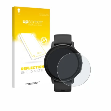 Parte frontal de un envase de producto con el logotipo de la marca upscreen. Al lado se muestra el dispositivo Garmin Bounce 2