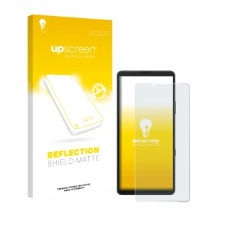 Parte frontal de un envase de producto con el logotipo de la marca upscreen. Al lado se muestra el dispositivo Sony Xperia 10 