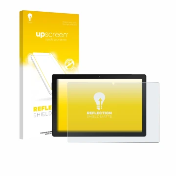 Parte frontal de un envase de producto con el logotipo de la marca upscreen. Al lado se muestra el dispositivo MUISOO A10 10.1