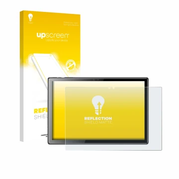 Parte frontal de un envase de producto con el logotipo de la marca upscreen. Al lado se muestra el dispositivo Tibuta A10 10.1