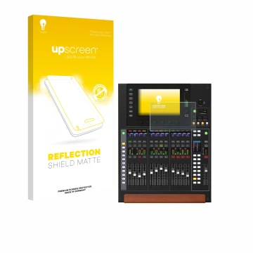 Parte frontal de un envase de producto con el logotipo de la marca upscreen. Al lado se muestra el dispositivo Behringer Wing 