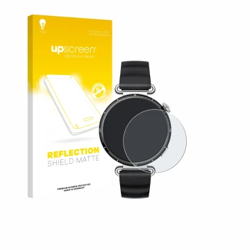 Parte frontal de un envase de producto con el logotipo de la marca upscreen. Al lado se muestra el dispositivo Huawei Watch GT