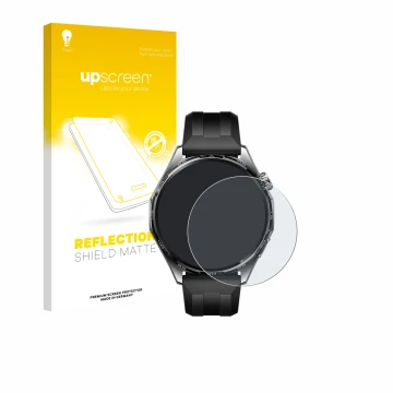 Parte frontal de un envase de producto con el logotipo de la marca upscreen. Al lado se muestra el dispositivo Huawei Watch GT
