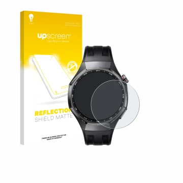 Parte frontal de un envase de producto con el logotipo de la marca upscreen. Al lado se muestra el dispositivo Huawei Watch GT