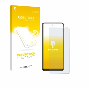 Parte frontal de un envase de producto con el logotipo de la marca upscreen. Al lado se muestra el dispositivo Nubia Focus con