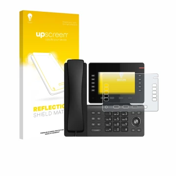 Parte frontal de un envase de producto con el logotipo de la marca upscreen. Al lado se muestra el dispositivo Snom D865 con s
