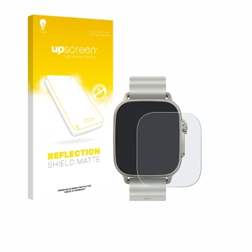 Parte frontal de un envase de producto con el logotipo de la marca upscreen. Al lado se muestra el dispositivo realme Watch 5 