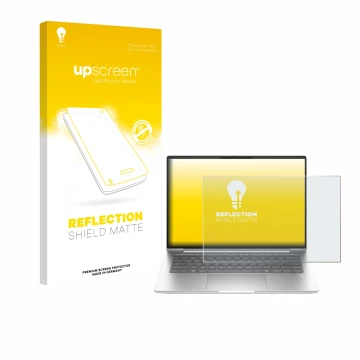 Parte frontal de un envase de producto con el logotipo de la marca upscreen. Al lado se muestra el dispositivo HP EliteBook 65
