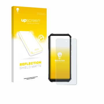 Parte frontal de un envase de producto con el logotipo de la marca upscreen. Al lado se muestra el dispositivo Ulefone Armor X