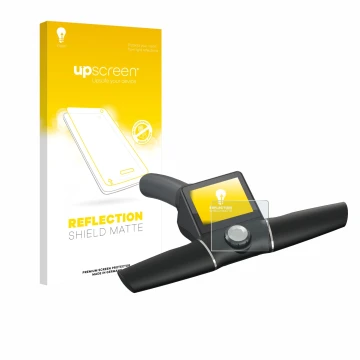 Parte frontal de un envase de producto con el logotipo de la marca upscreen. Al lado se muestra el dispositivo Motocaddy M7 GP