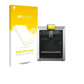 Parte frontal de un envase de producto con el logotipo de la marca upscreen. Al lado se muestra el dispositivo Qidi Tech Q2 co