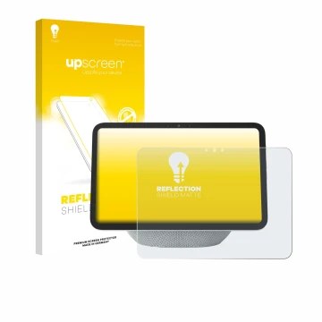 Parte frontal de un envase de producto con el logotipo de la marca upscreen. Al lado se muestra el dispositivo Amazon Echo Sho