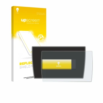 Parte frontal de un envase de producto con el logotipo de la marca upscreen. Al lado se muestra el dispositivo BMW i3 2019 con