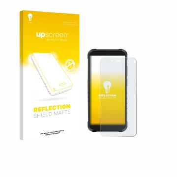Parte frontal de un envase de producto con el logotipo de la marca upscreen. Al lado se muestra el dispositivo Ulefone RugKing