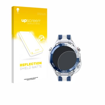 Parte frontal de un envase de producto con el logotipo de la marca upscreen. Al lado se muestra el dispositivo Huawei Watch Ul