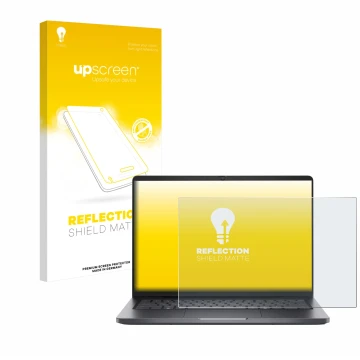 Parte frontal de un envase de producto con el logotipo de la marca upscreen. Al lado se muestra el dispositivo Dell Pro 14 con