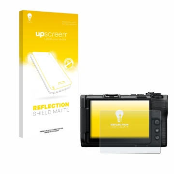 Parte frontal de un envase de producto con el logotipo de la marca upscreen. Al lado se muestra el dispositivo Nikon ZR con su