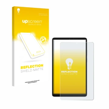 Parte frontal de un envase de producto con el logotipo de la marca upscreen. Al lado se muestra el dispositivo Samsung Galaxy 