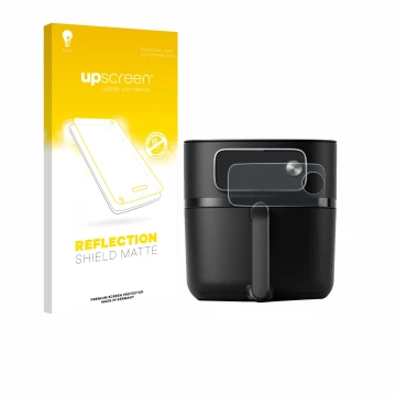 Parte frontal de un envase de producto con el logotipo de la marca upscreen. Al lado se muestra el dispositivo Philips Airfrye