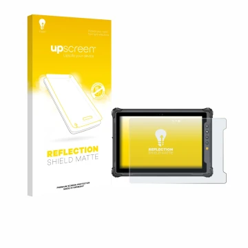 Parte frontal de un envase de producto con el logotipo de la marca upscreen. Al lado se muestra el dispositivo onerugged W10 J