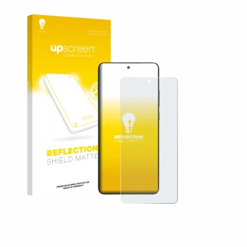 Parte frontal de un envase de producto con el logotipo de la marca upscreen. Al lado se muestra el dispositivo Motorola Edge 7