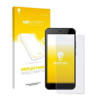 Parte frontal de un envase de producto con el logotipo de la marca upscreen. Al lado se muestra el dispositivo HTC Wildfire E5