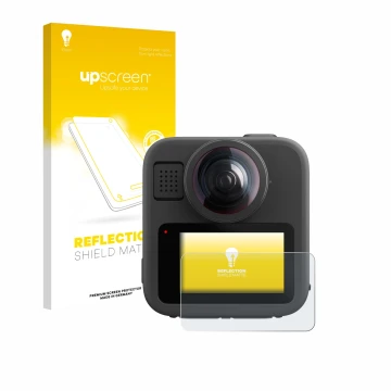 Parte frontal de un envase de producto con el logotipo de la marca upscreen. Al lado se muestra el dispositivo GoPro Max 2 con