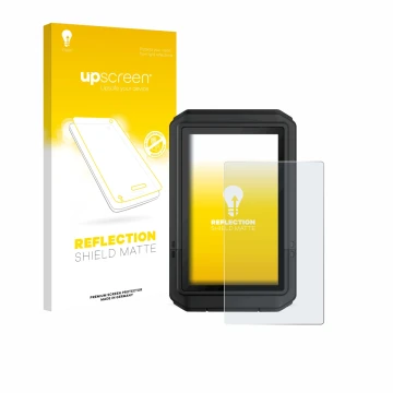 Parte frontal de un envase de producto con el logotipo de la marca upscreen. Al lado se muestra el dispositivo Garmin eTrex To