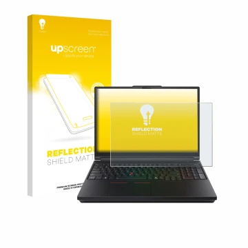 Parte frontal de un envase de producto con el logotipo de la marca upscreen. Al lado se muestra el dispositivo Lenovo ThinkPad