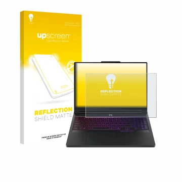 Parte frontal de un envase de producto con el logotipo de la marca upscreen. Al lado se muestra el dispositivo Lenovo Legion P