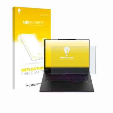 Parte frontal de un envase de producto con el logotipo de la marca upscreen. Al lado se muestra el dispositivo Lenovo Legion 9