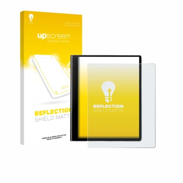 Parte frontal de un envase de producto con el logotipo de la marca upscreen. Al lado se muestra el dispositivo eazeye Paper 2.