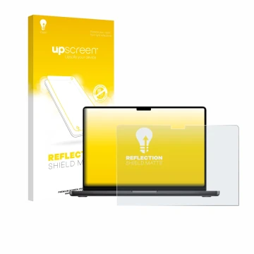 Parte frontal de un envase de producto con el logotipo de la marca upscreen. Al lado se muestra el dispositivo Apple MacBook P