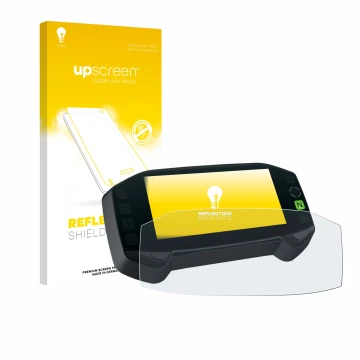 Parte frontal de un envase de producto con el logotipo de la marca upscreen. Al lado se muestra el dispositivo Suzuki DR-Z4S 2