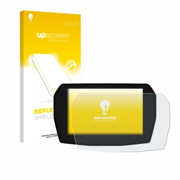 Parte frontal de un envase de producto con el logotipo de la marca upscreen. Al lado se muestra el dispositivo Ducati Panigale