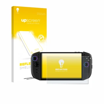 Parte frontal de un envase de producto con el logotipo de la marca upscreen. Al lado se muestra el dispositivo Lenovo Legion G