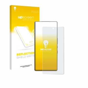 Parte frontal de un envase de producto con el logotipo de la marca upscreen. Al lado se muestra el dispositivo ZTE Nubia Red M