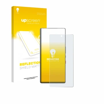 Parte frontal de un envase de producto con el logotipo de la marca upscreen. Al lado se muestra el dispositivo ZTE Nubia Red M